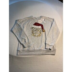 Workshop Republic Holiday Sweatshirt women's Small Grey sequin Santa Pug Graphic